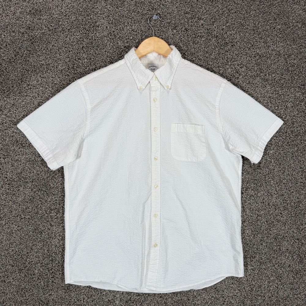 Brooks Brothers Seersucker Shirt Mens L White Short Sleeve Button Down Stretch